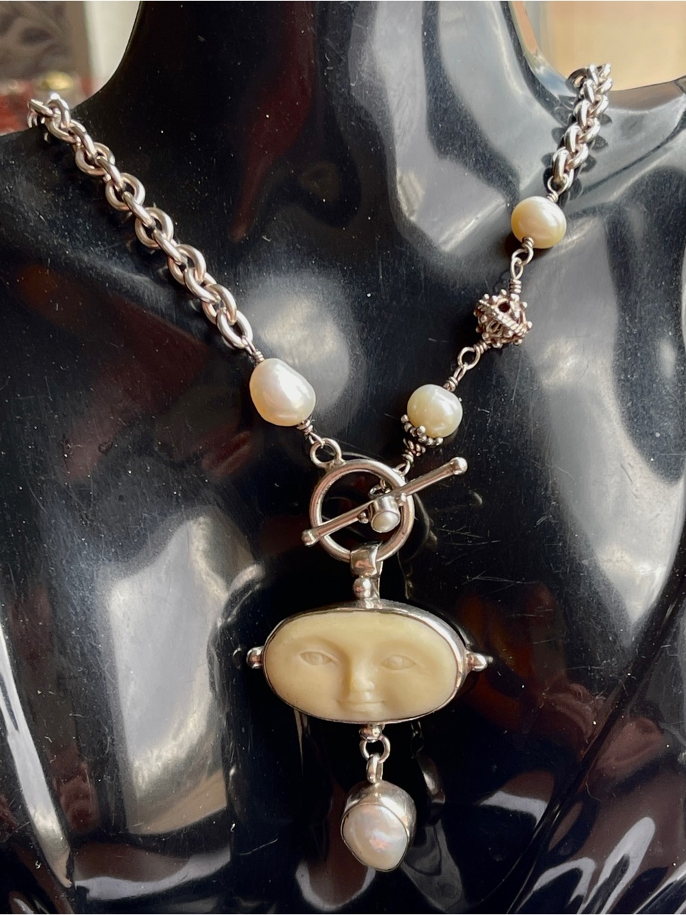 Vintage Handmade Glenda Greenberg Sterling Silver 925 Carved Moon Face Necklace - Picture 8 of 9